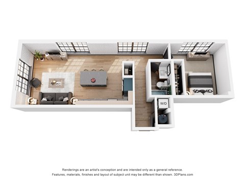 Floor plan for 1 bed, 1 bath, 733 sqft